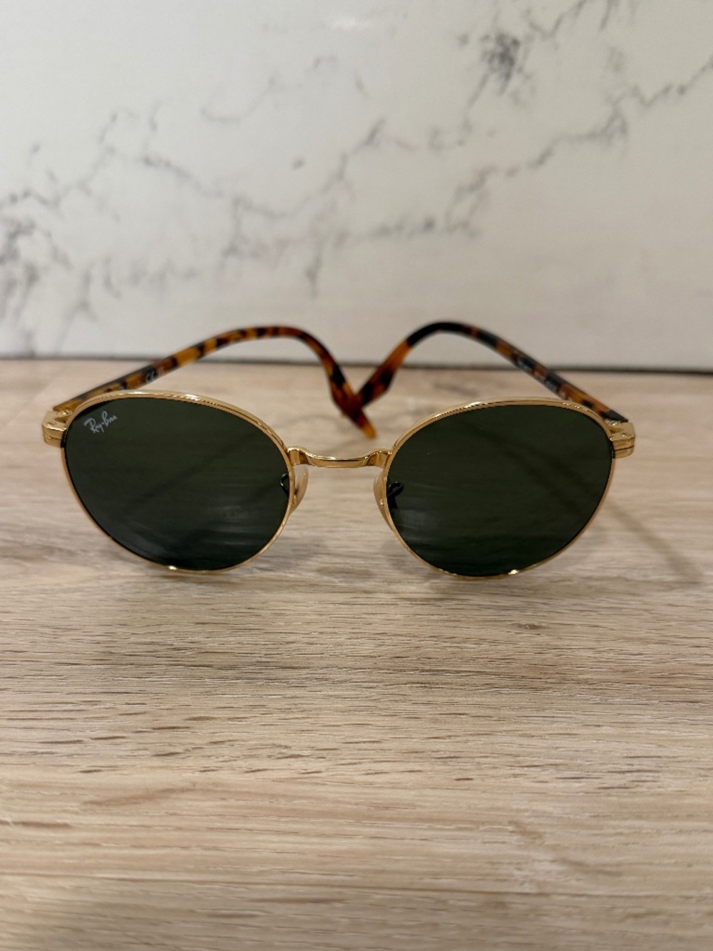 Ray-Ban Round Metal Sunglasses Gold Tortoise Green Lens w/ Case